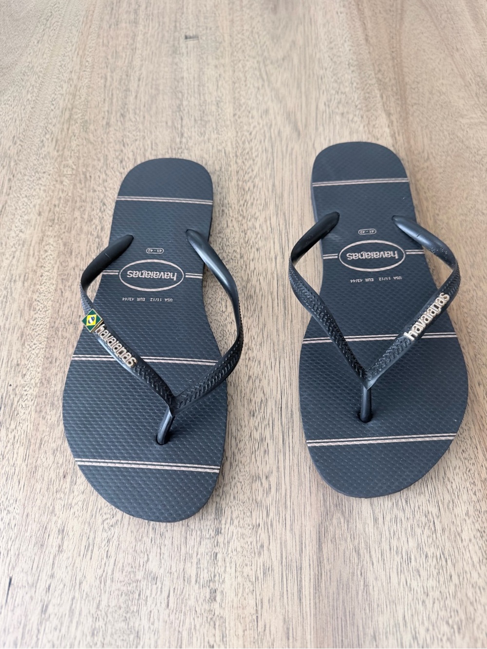 Havaianas Women's Slim Black Flip Flops Metallic Logo Rose Gold Brazil Flag NEW